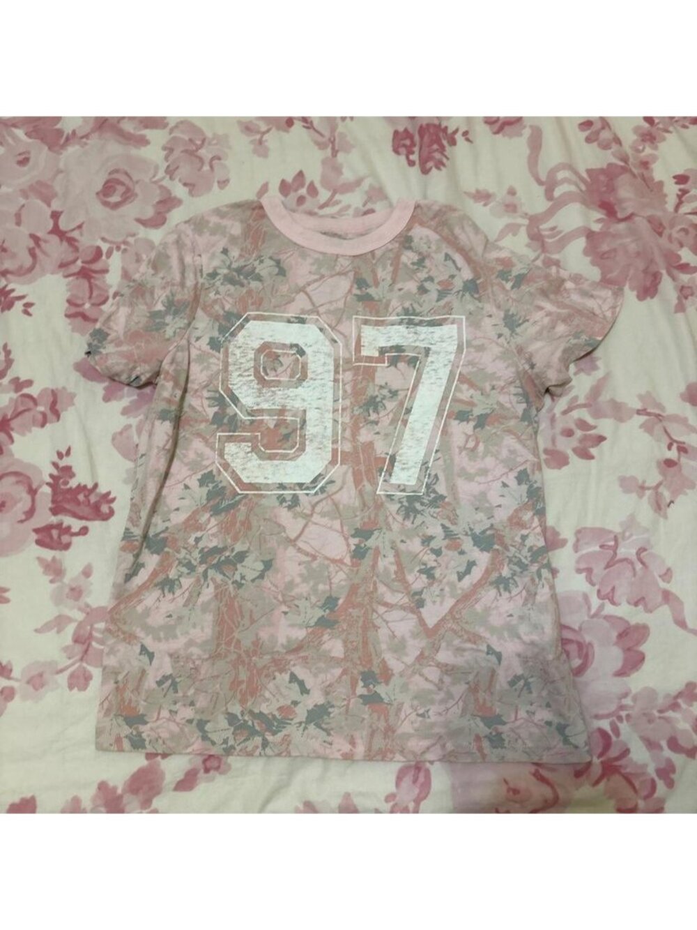Pink camo t-shirt with white number 97 graphic #camo #graphic